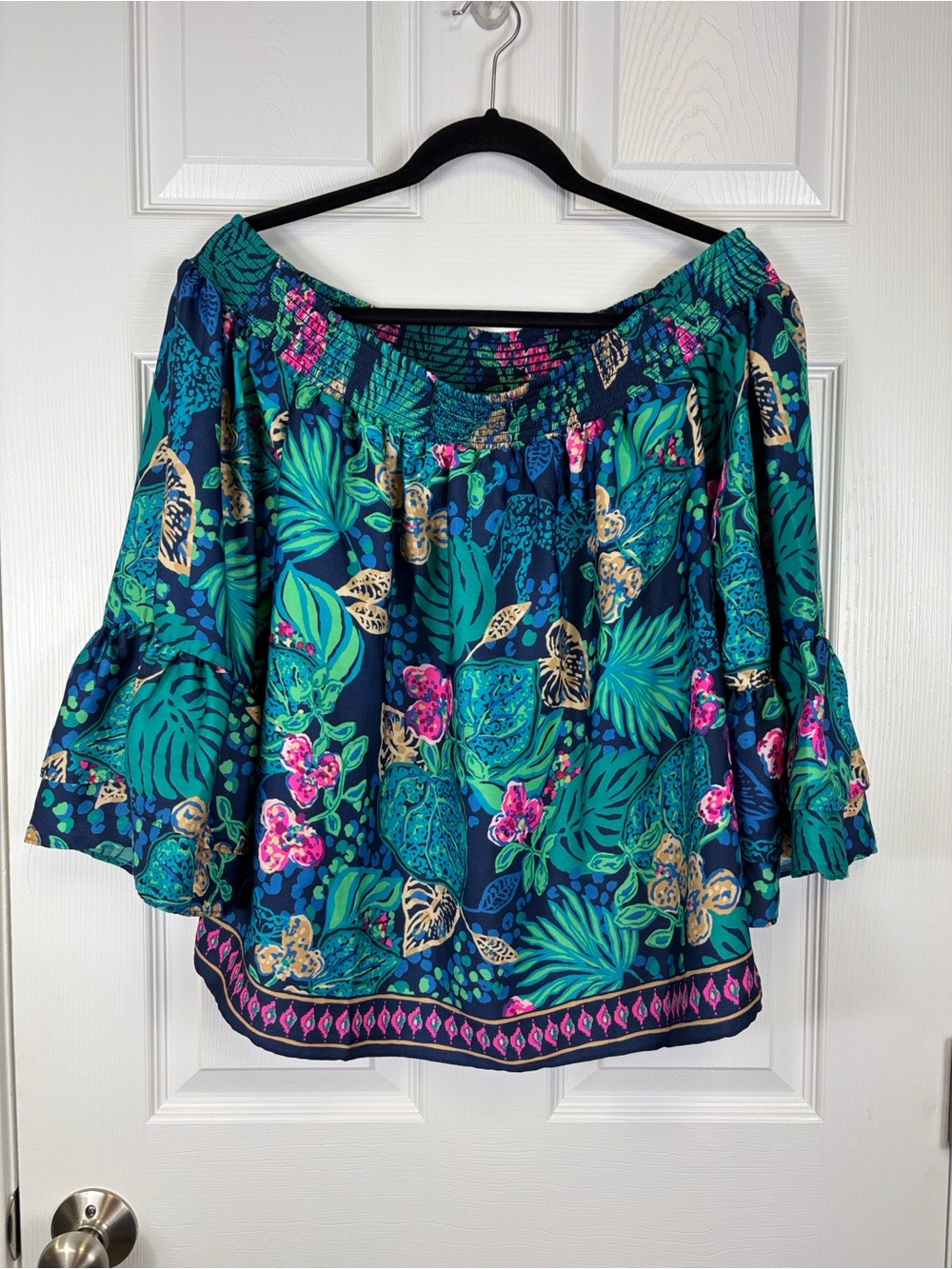 Lilly Pulitzer Kaori off the shoulder top low tide navy life of the party sz lg - Picture 5 of 10